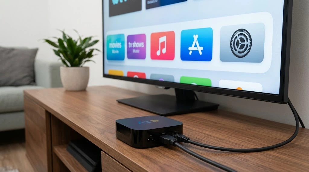 Apple TV connected to a television with HDMI for a home streaming
